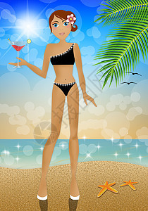 在海滩上喝酒的女人图片