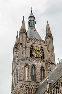 比利时佛兰德斯 塔 钟 历史性 花朵 美丽的 钟楼图片