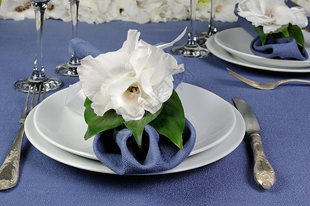花朵装饰的奈普金 婚宴 刀 茶点 开胃菜 庆典 迎合图片