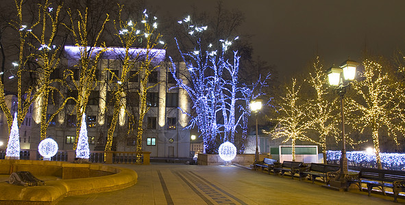 莫斯科圣诞节 特维尔大街 街道 城市 照明 冬天 金子背景图片