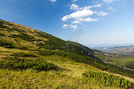 夏季在山上可以看到 蓝色天空背景的滑雪升起 车 霜图片