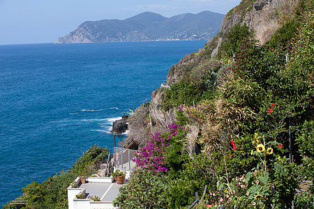 在里奥马焦雷的悬崖 五渔村 利古里亚 意大利 爱情之路 海浪图片