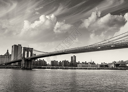 纽约布鲁克林大桥纽约惊人的城市风景——天空压梯和布鲁克林大桥 蓝色的 灯背景