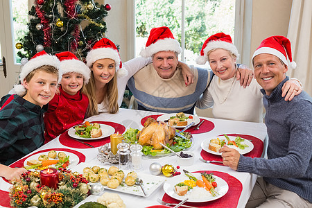 在圣诞节晚宴上坐在一起 微笑的家庭的肖像图片