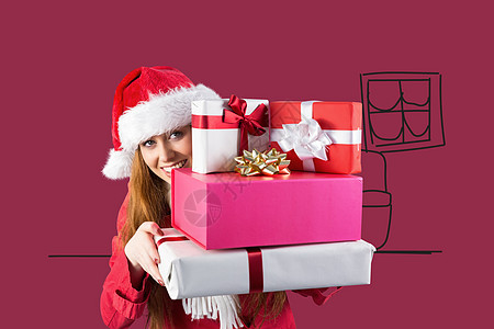 手绘礼物盒喜庆红头持有一堆礼物的复合图象 草图 漂亮的 圣诞帽背景