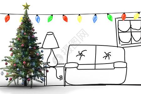 圣诞节树的复合图像 圣诞树 小玩意儿 庆祝 快乐 长椅背景图片
