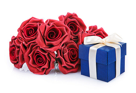 红花和蓝色礼品盒图片