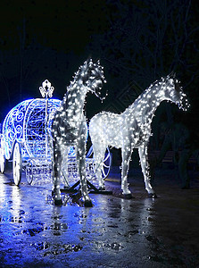 装饰性马车 装饰有灯光的马匹 节日 电气 辉光图片
