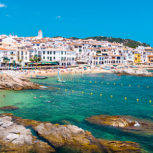 加泰罗尼亚 西班牙 海岸 游客 日光浴 地中海 风景图片