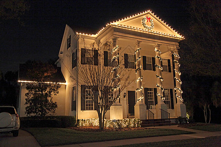 房子和树圣诞灯 圣诞彩灯 殖民 季节 树 辉光 户外 装饰风格 屋顶 冬天背景