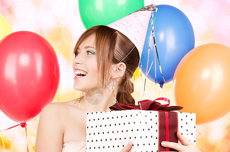 带气球和礼品盒的派对女孩 盒子 假期 快乐的 快乐背景图片