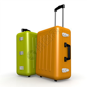 橙色和绿色行李站在地板上图片