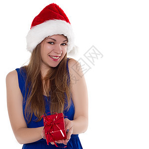女孩在圣诞帽礼物欢喜快乐 可爱的 女性 冬天图片