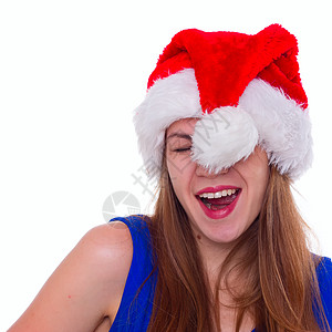 带着白色背景的圣诞帽子 表达情感的姑娘们 幸福 十二月图片