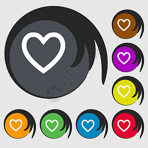 心脏图标 爱情符号 八个彩色按钮上的符号 邮票 浪漫的图片