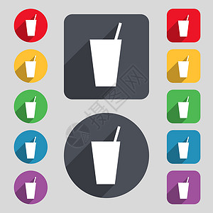 鸡尾酒图标符号 一组由12个彩色按钮和长阴影组成 设计平坦图片