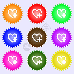心脏符号图标 爱情符号 一套九种不同颜色的标签 浪漫的 插图图片