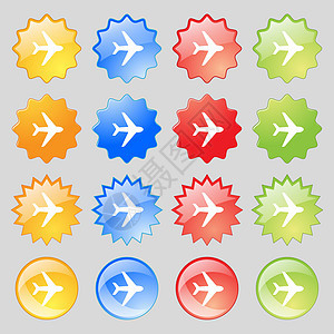 飞机图标符号 有16个彩色现代按钮组成的大组合用于设计图片