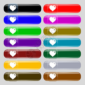心 爱情图标符号 从14个多色的玻璃按钮中设置 并放置文字位置 邮票 假期背景图片