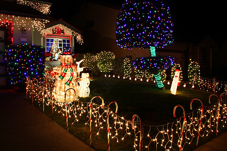 带有圣诞节灯光的装饰房屋 季节 村庄 花彩 财产图片
