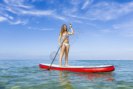 妇女练习划桨 站立 木板 水上运动 青少年 美丽的 海滩图片