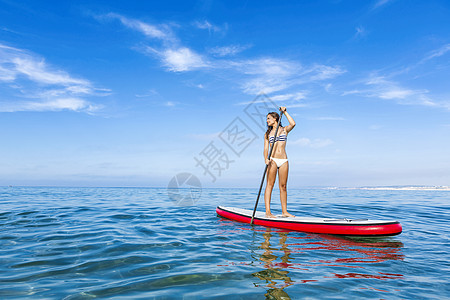 妇女练习划桨 冲浪 锻炼 假期 快乐的 自然 合身图片