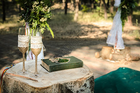树林中的婚礼仪式 新娘 松树 浪漫的 酒花 假期 奢华图片