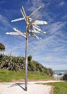 风角标志 陶朗加 毛皮海豹 风吹过 海滩 新西兰 路标 地标图片