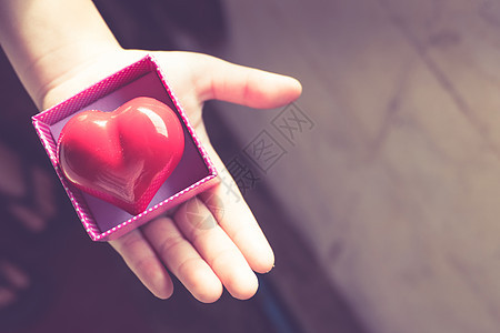 红心在礼物盒里 在女孩的手里 浪漫的 庆典 美丽的图片
