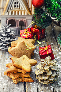 手工做的圣诞饼干 假期 丝带 食物 庆典 传统图片