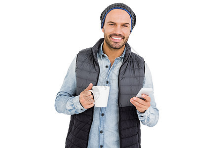 男人在喝咖啡时使用手机 但 夹克 互联网 娱乐 触摸屏图片
