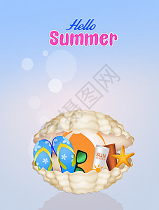 你好 夏天你好 牡蛎 海洋 太阳镜 沙滩帽 海滩背景图片