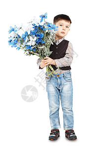 有趣的小男孩拿着一束花束子 微笑 学校 喜悦 美丽的图片