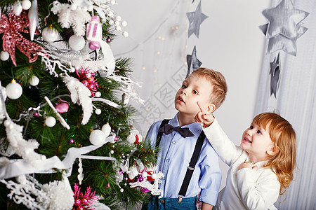 两个小小孩 装饰圣诞树的玩具 鲜花图片