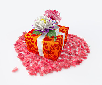 带丝结弓和鲜花及心形 假日模板的白色礼物盒图片