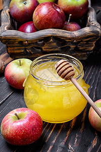 苹果和蜂蜜 宗教 甜的 传统的 收成 桌子 犹太教图片