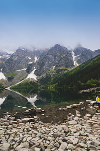 夏季山区湖 蓝色的 天空 风景 雪 雄伟 绿色的 风景优美的 美丽的图片