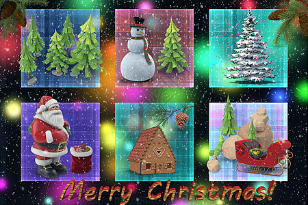 设计精美的圣诞祝福 五彩纸屑 雪 圣诞老人 松树 松果图片