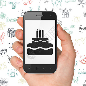 娱乐 概念 手持带有蛋糕的智能手机展出图片