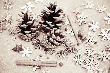 圣诞节由坦格林 松果锥 肉桂和雪花组合组成 装饰 树 礼物图片