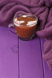 热巧克力 舒服的织毯子 热的 早餐 舒适 桌子 冬天图片