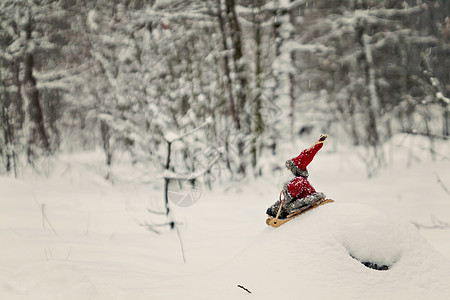 玩具圣诞老人在白雪皑皑的森林里的雪橇上 运输图片