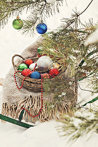 在雪林中装饰圣诞树 滑雪板 毯子和 复古的 庆典图片