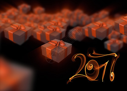 新年圣诞新年 彩色红绿礼物盒 上面有黑色背景的丝结弓 3D插图 2017字母由火焰制成 横幅 十二月图片