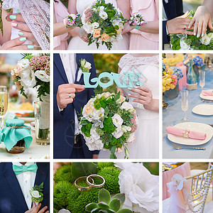 婚礼拼贴新娘新郎 花束和戒指的属性图片
