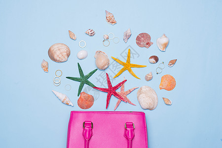夏季概念 粉红手提包和饰品放在浅蓝背上 红色的图片