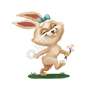 快乐可爱的毛茸茸的兔子与花-卡通动物角色跑过绿地-手绘动画吉祥物插图 杂志 儿童读物 封面 贺卡或明信片图片