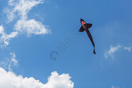 风筝在蓝色的天空中飞来飞去 有各种形状的 黄貂鱼 云图片