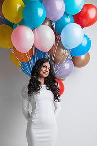 带着气球的快乐女人 生日 白色的 女性 派对 喜庆的背景图片