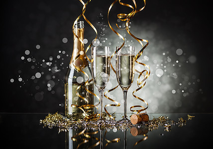 香槟玻璃杯 庆祝 水晶 瓶子 丝带 乐趣 火花 软木图片